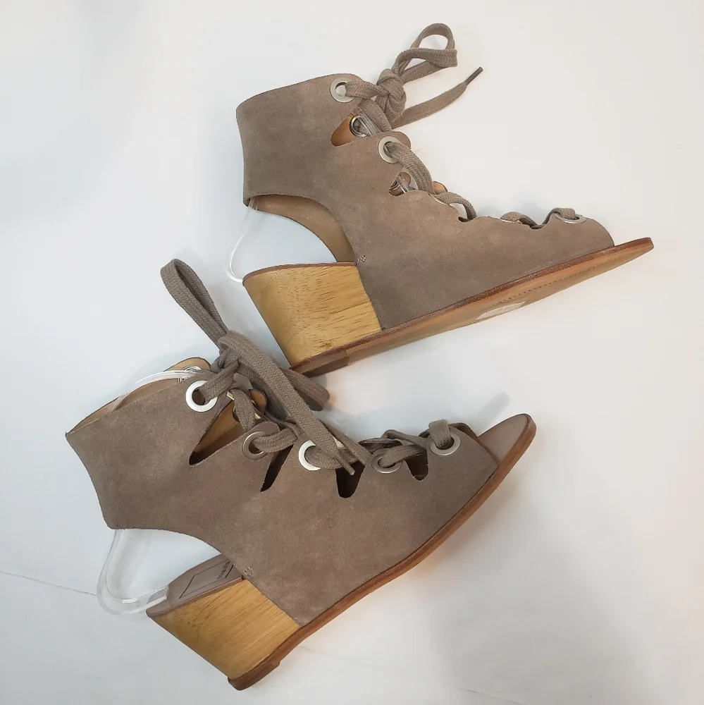 Dolce Vita Lei leather suede Boho Ghillie lace up wooden wedge heel open shoe